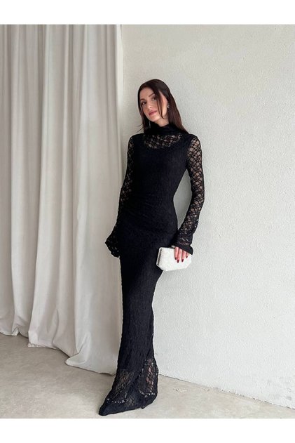 Dantelli Uzun Abiye Elbise - Yüksek Yaka, Uzun Kollu, Slim Fit
