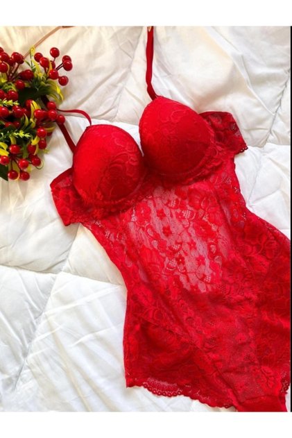 Kırmızı Transparan Dolgulu Fistolu Bodysuit