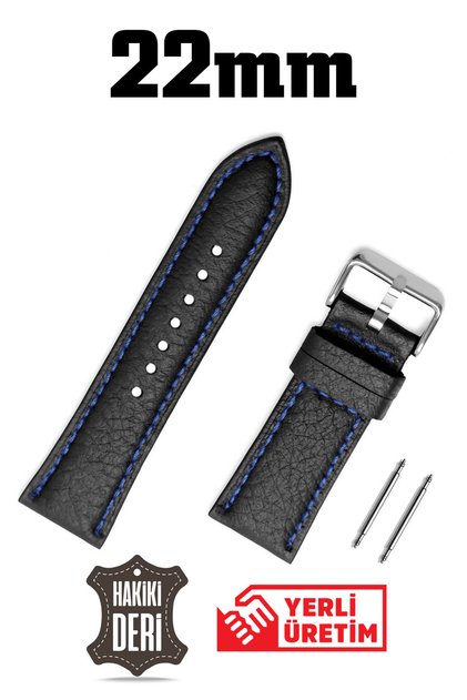 22mm Black Navy Blue Stitched Floater Genuine Leather Watch Band Strap