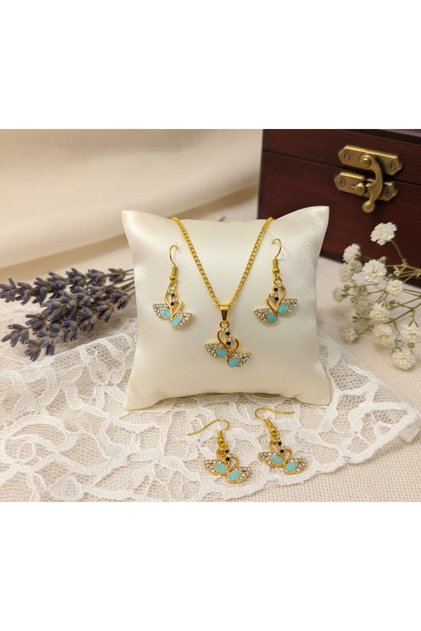 2-Piece Gold Color Zircon Stone Peacock Model Jewelry Set - 60 cm Necklace Earring Set