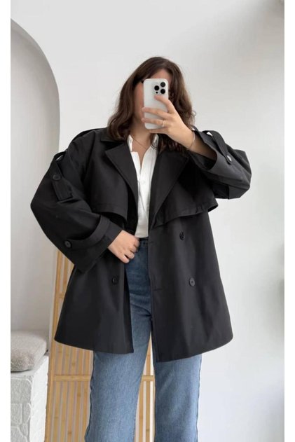 Women's Black Belted Short Trench Coat with Pockets