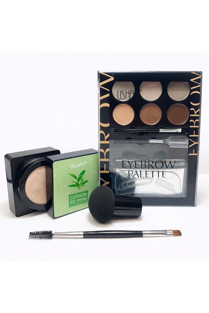 Комплект грим – BB Cushion, CC крем Cushion + палитра за вежди USHAS + гъба и четка