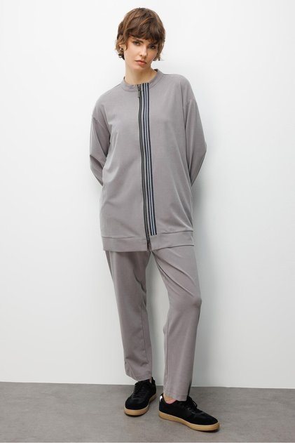Soft Örme Miccell (%55 doğal) İçerik Dokuma Ön Garni Pantalon Kombin Takım-Gri