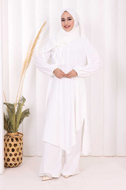 Bym Fashion Umre Dubai Tunik Pantolon Takım ŞAL HEDİYE 8003 Ekru