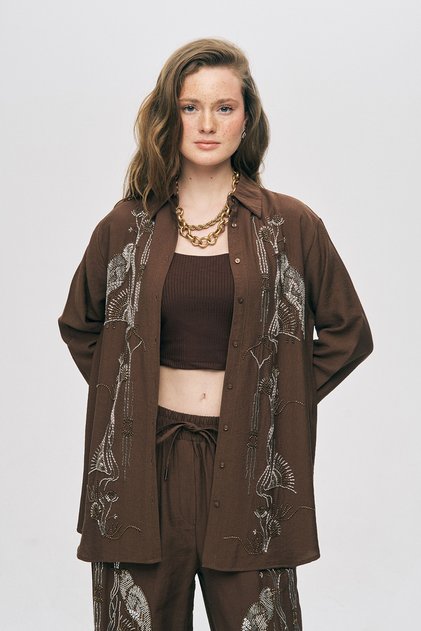 Women's Oriental Bird and Floral Beaded Oversized Shirt