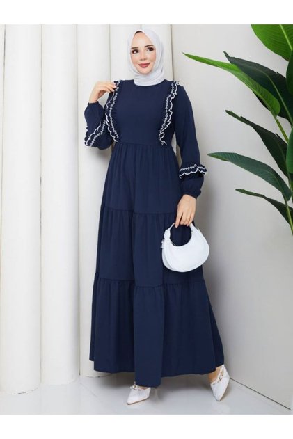 Poplin ruffle and embroidery detail modest dress