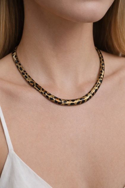 Premium Leopard Patterned Gold Tone Snake Chain Necklace – Luxurious & Powerful Style Gift and Stylish Design