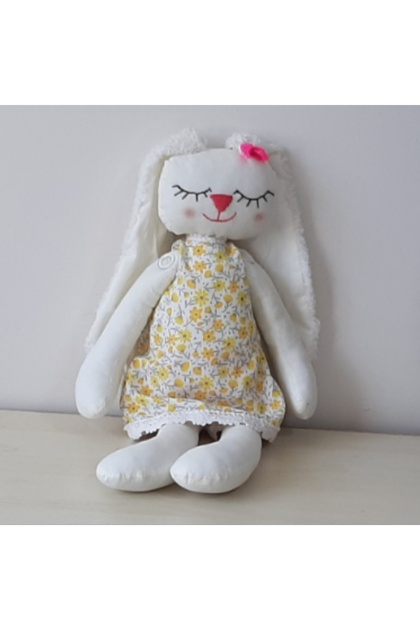 Plush Toy Hand-Stitched Sleeping Rabbit in Yellow Dress