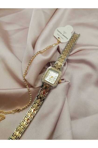Cart Series Zircon Stone Gold-Silver Color Case - Vintage Design Women's Wristwatch (with Waterproof Bracelet)