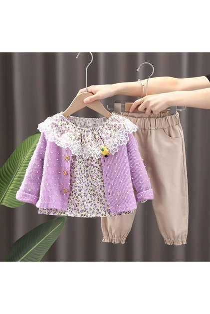 Set elegant pentru fete - Bluză florală, Cardigan mov și pantaloni bej