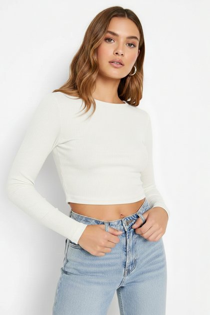 Women's Ecru Crew Neck Long Sleeve Crop T-Shirt Blouse Camisole Ribbed