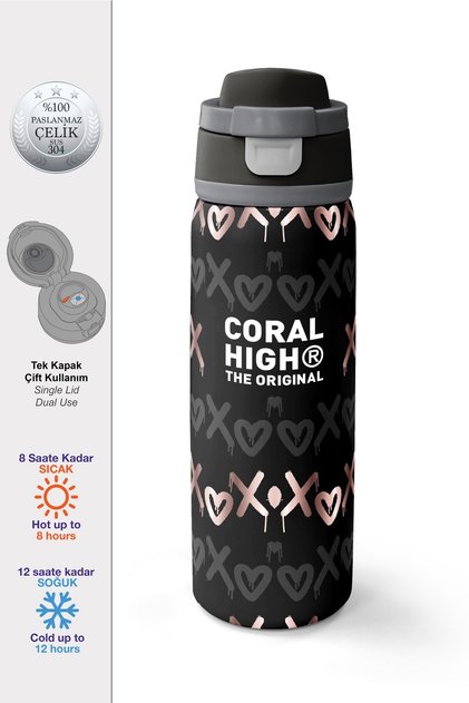 Black Powder Patterned Steel Thermos with Straw and Direct Drinking Feature 800 ml 38595