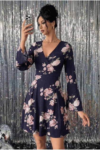 Navy Rose Patterned Stone-Look Glitter Printed Stretch Fabric Viscose Dress 95 cm