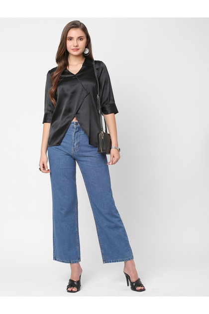 Women Black Satin Wrap Top