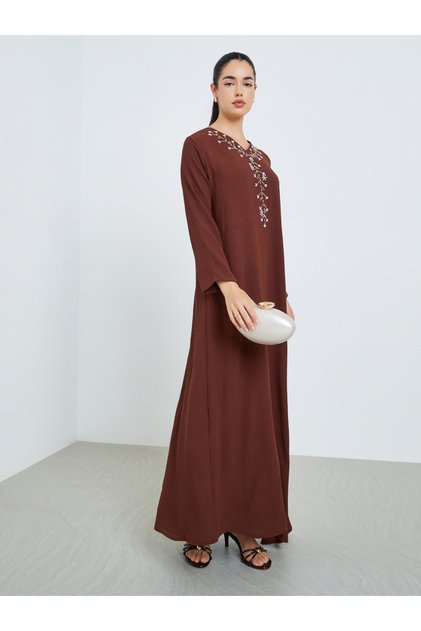 Women Brown Embroidered A-Line Jalabiya