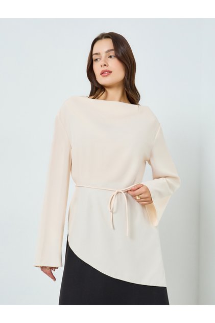 Women Beige Long Sleeve Tie-Waist Blouse