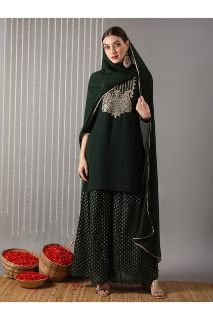 Women Green Embroidered Straight Kurta with Sharara and Dupatta Set