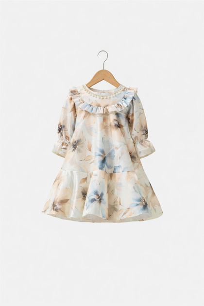 Floral Print Ruffled Crystal-Necklace Girls' Satin Dress