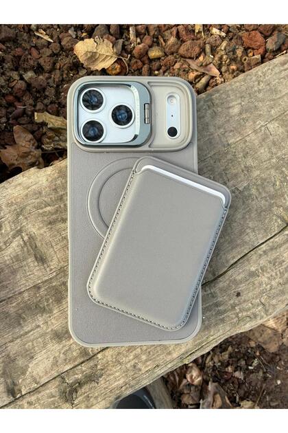 Apple iPhone 18 Pro Max Compatible Gray Gray Color Leather Stand Case with M-Safe Feature and M-Safe