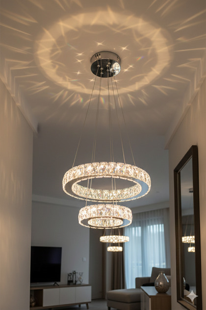 Kristal Taşlı 3 Renkli Ledli 2 Katlı Kumandalı 30 cm Krom Salon Mutfak Avize