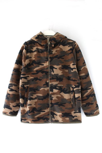 Fermuarlı Kamuflaj Unisex Kapüşonlu Çocuk Kalın Polar Ceket Asker Desenli Polar Hırka Zip