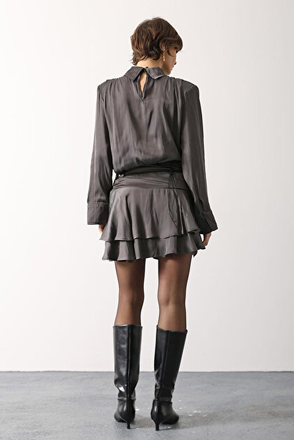 Trend Alaçatı Stili Anthracite Belt Detailed Satin Mini Skirt Alc