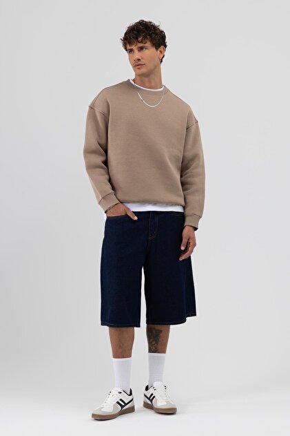 Basic Bisiklet Yaka Oversize Sweatshirt Açık Vızon
