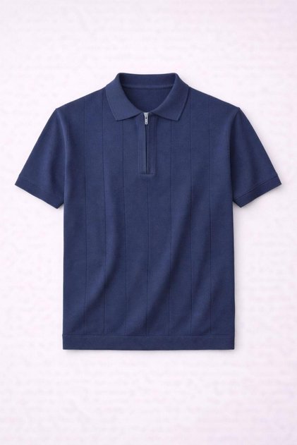 Ritchie Zippered Polo Collar Vertical Striped Short Sleeve Slim Knitwear Men's T-Shirt - Navy Blue