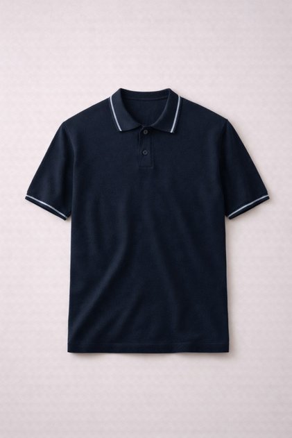 Austen Contrast Ribbed Buttoned Polo Collar Short Sleeve Slim Knitwear Men's T-Shirt - Navy Blue