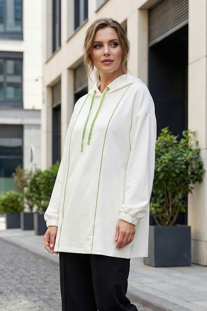 Women's Plus Size Lycra Hooded Off-Shoulder Contrast Paneled Seasonal Sweatshirt