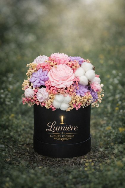 Aranjament floral, Buchet din flori de ceara naturala 100% de soia parfumata si plante uscate.