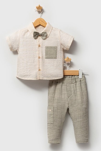 Baby Boy Short Sleeve Bow Tie Buttoned Shirt Summer Baby Bottom-Top Set 100% Cotton