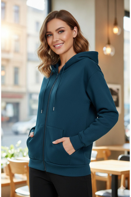 Unisex Oversize Petrol Blue Zippered Hooded Cardigan-Premium Sportswear