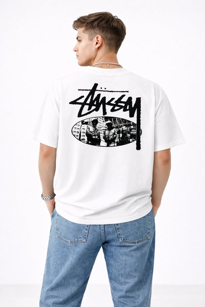 Unisex Women's Men's Stussy Double Man Logo Back Printed Oversized Thick Fabric Relaxed Fit Cotton T-Shirt