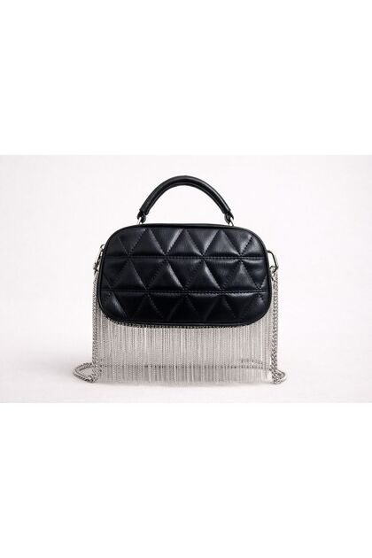 Chain Detailed Tassel Decorated Women's Shoulder & Crossbody Bag – Black Quilted Mini Evening Bag