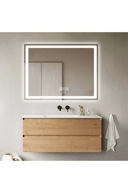 Oglindă LED dreptunghiulară 80×60 cm, senzor de mișcare, reglabilă intensitatea luminii, ceas și temperatură, dezaburire