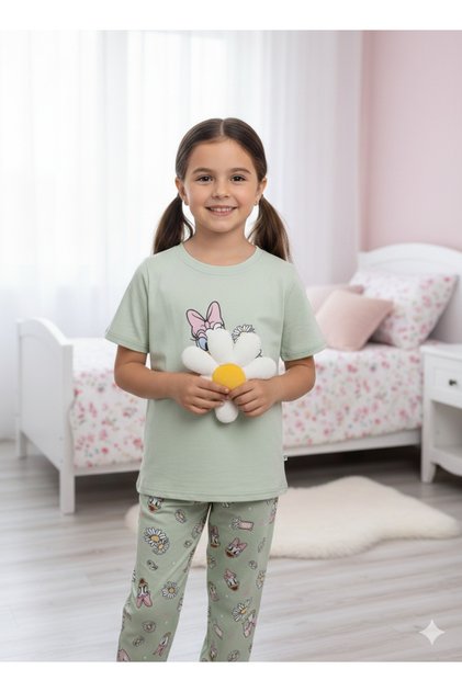 Girls' half-sleeve pajamas, 100% cotton, sizes (2-12)