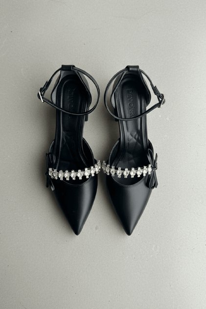 Pantofi cu toc Dunka Black Stone Bow (toc de 4 cm) cu vârf ascuțit