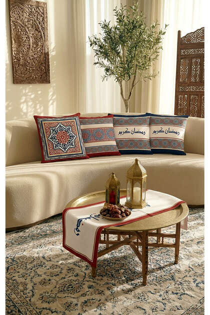 Blue Red Motif Ramadan Themed 4-Piece Throw Pillow Cover 1 Runner Set 4Kmbs334-Rs