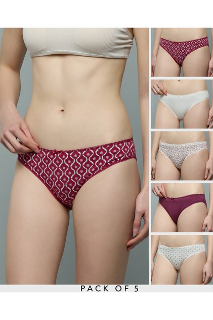 Women Burgundy 5 Pack Printed Bikini Briefs