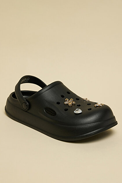 Women Black Charm Detail Slingback Clogs