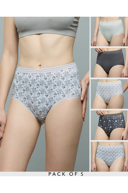 Women Grey 5 Pack Printed Full Briefs
