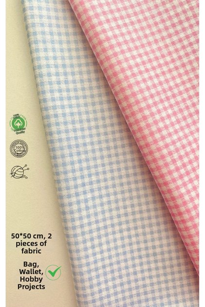 2 Pieces of 50 cm Blue and Dusty Pink Gingham Patterned Cotton Fabric for Bags, Wallets, Hobby Projects