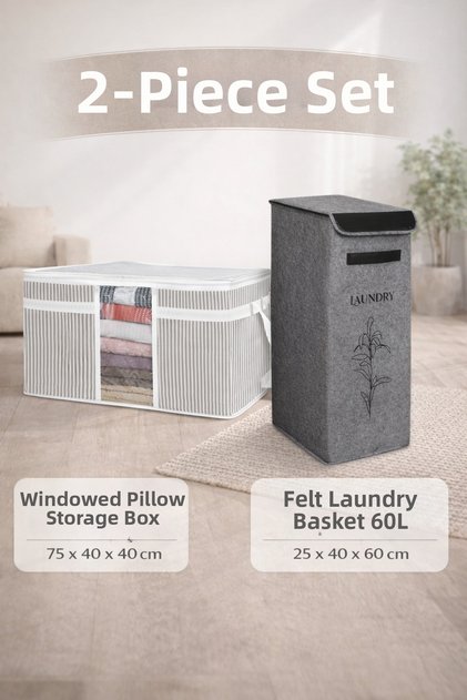 Set of 2 – Windowed Organizing Pillow Storage Bag & Single Compartment 60 Lt Dirty Laundry Basket
