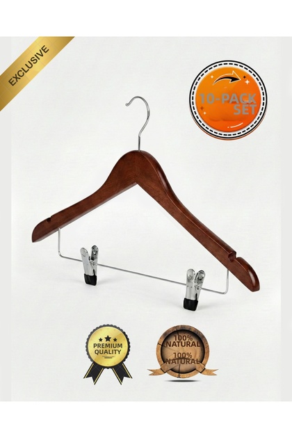 Walnut Wooden Clothes Hanger with Clips at the Bottom for Shirts, Pants, Skirts, Clothes Hanger, 10 Pieces