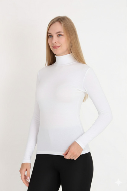 Kadın Beyaz Uzun Kollu Balıkçı Yaka Basic Body Badi Slim Fit Likralı Esnek Viskon Günlük Bluz