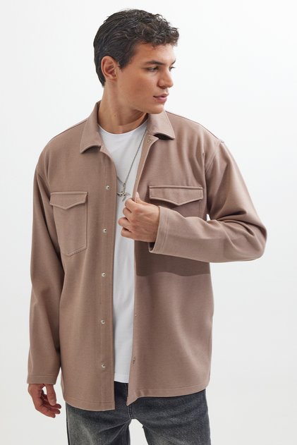 Men's Relax Fit Relaxed Cut Double Pocket Knitted Mink Apaş Collar Shirt