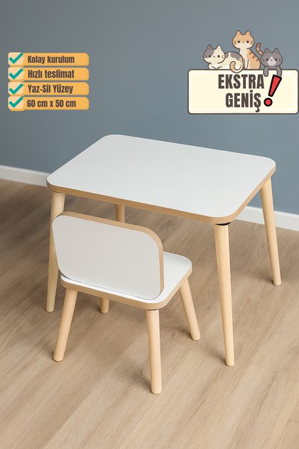 Çocuk Aktivite Masası, Etkinlik Masası, Montessori Düz Çalışma Masası-sandalye Takımı Yaz-sil Yüzey