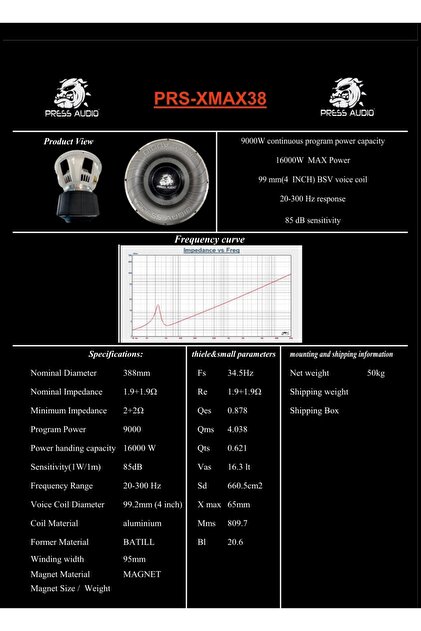PRESS AUDİO 38 CM SPL SUBWOOFER XMAX 9000 RMS YASSI ALÜMİNYUM
