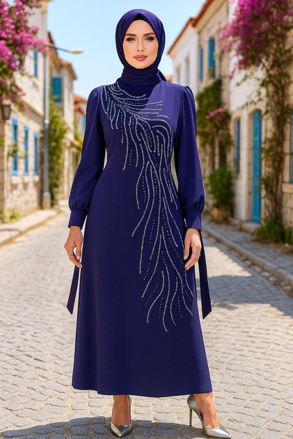 Women's Dark Blue Stone Evening Dress t 9063